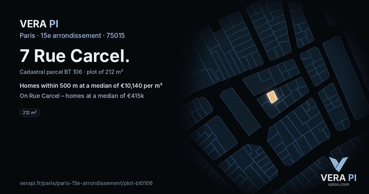 7 Rue Carcel, 15e arrondissement at night – the plot lit, the parcels around coloured by the prices near them