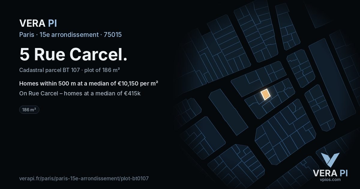 5 Rue Carcel, 15e arrondissement at night – the plot lit, the parcels around coloured by the prices near them