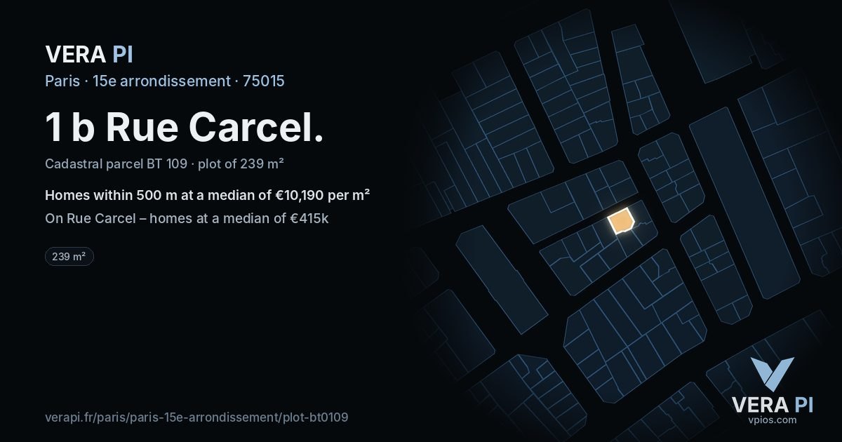 1 b Rue Carcel, 15e arrondissement at night – the plot lit, the parcels around coloured by the prices near them