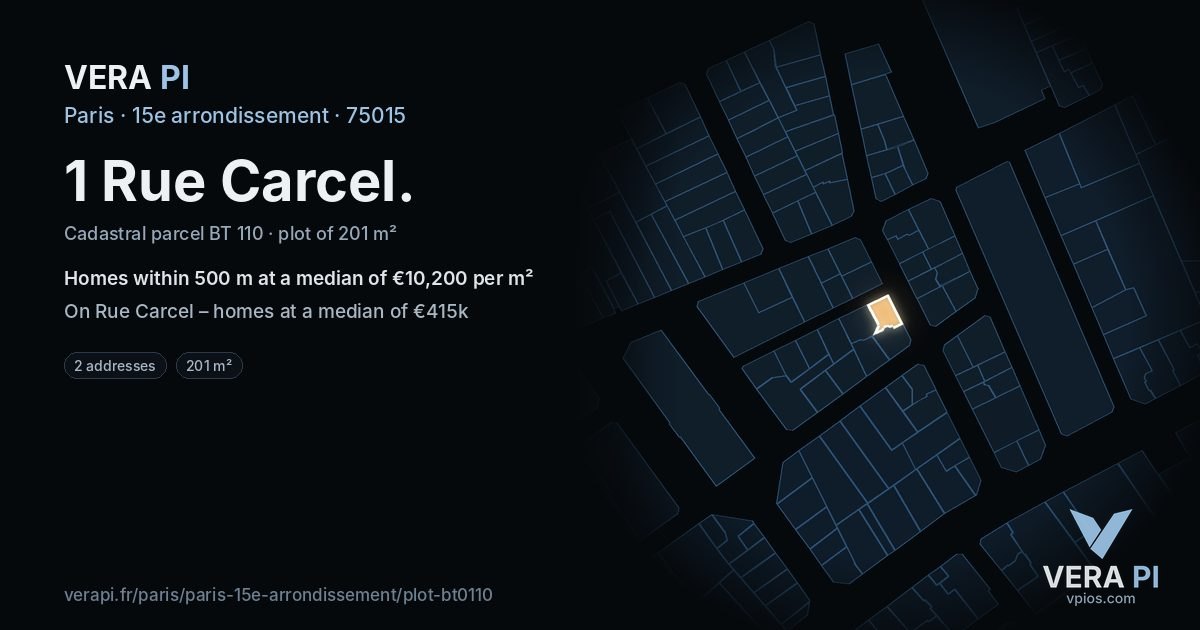 1 Rue Carcel, 15e arrondissement at night – the plot lit, the parcels around coloured by the prices near them