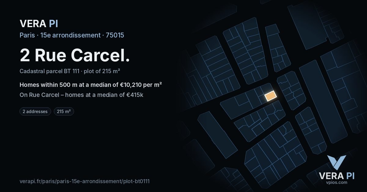 2 Rue Carcel, 15e arrondissement at night – the plot lit, the parcels around coloured by the prices near them