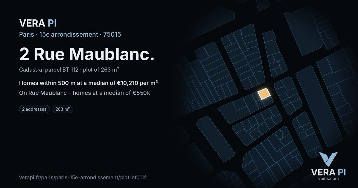 2 Rue Maublanc, 15e arrondissement at night – the plot lit, the parcels around coloured by the prices near them