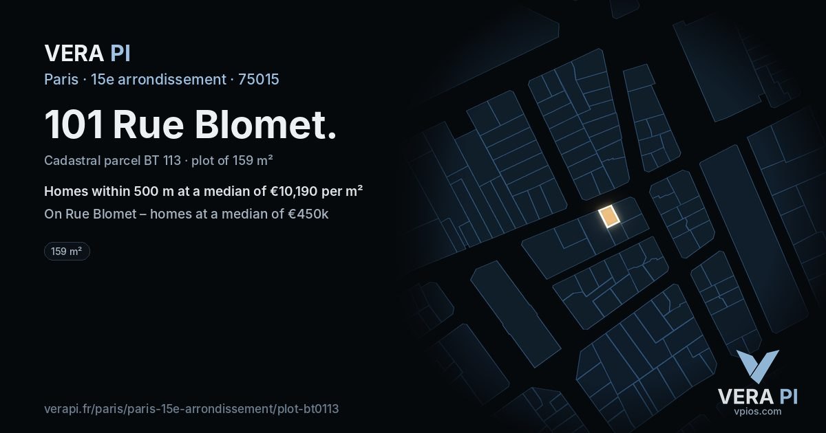 101 Rue Blomet, 15e arrondissement at night – the plot lit, the parcels around coloured by the prices near them