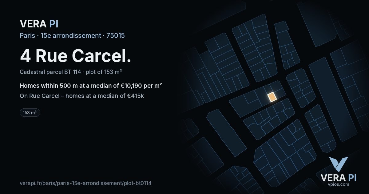 4 Rue Carcel, 15e arrondissement at night – the plot lit, the parcels around coloured by the prices near them