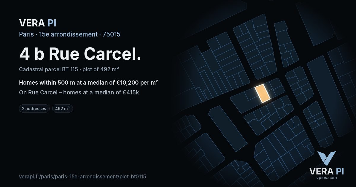 4 b Rue Carcel, 15e arrondissement at night – the plot lit, the parcels around coloured by the prices near them