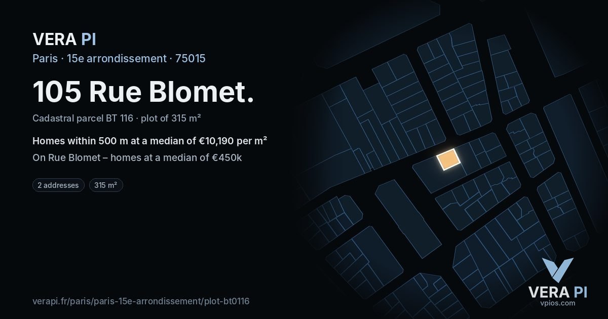 105 Rue Blomet, 15e arrondissement at night – the plot lit, the parcels around coloured by the prices near them