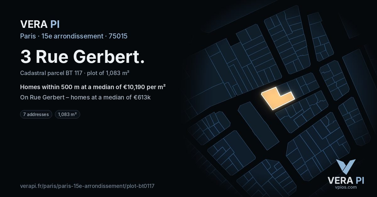 3 Rue Gerbert, 15e arrondissement at night – the plot lit, the parcels around coloured by the prices near them