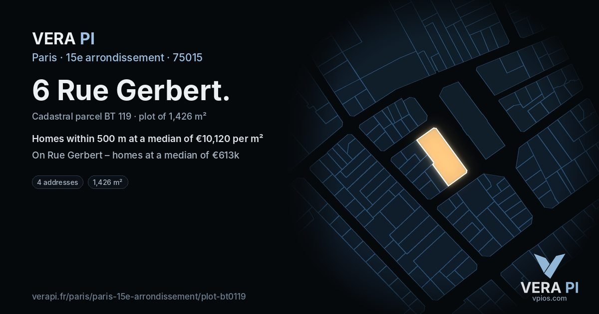 6 Rue Gerbert, 15e arrondissement at night – the plot lit, the parcels around coloured by the prices near them