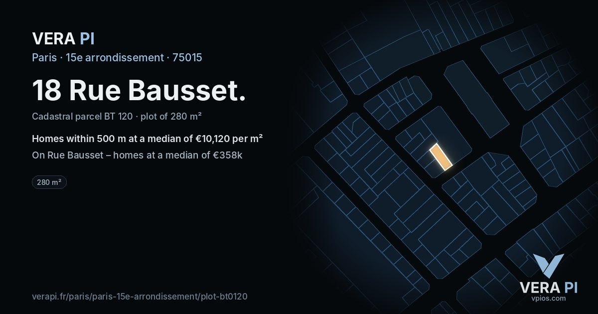 18 Rue Bausset, 15e arrondissement at night – the plot lit, the parcels around coloured by the prices near them