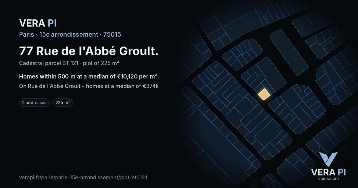 77 Rue de l'Abbé Groult, 15e arrondissement at night – the plot lit, the parcels around coloured by the prices near them