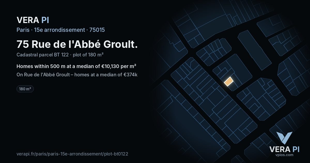 75 Rue de l'Abbé Groult, 15e arrondissement at night – the plot lit, the parcels around coloured by the prices near them
