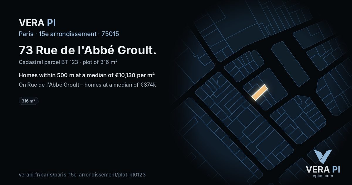 73 Rue de l'Abbé Groult, 15e arrondissement at night – the plot lit, the parcels around coloured by the prices near them