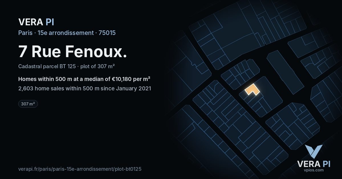 7 Rue Fenoux, 15e arrondissement at night – the plot lit, the parcels around coloured by the prices near them