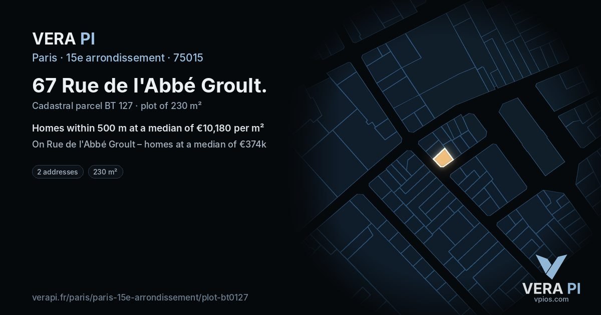 67 Rue de l'Abbé Groult, 15e arrondissement at night – the plot lit, the parcels around coloured by the prices near them