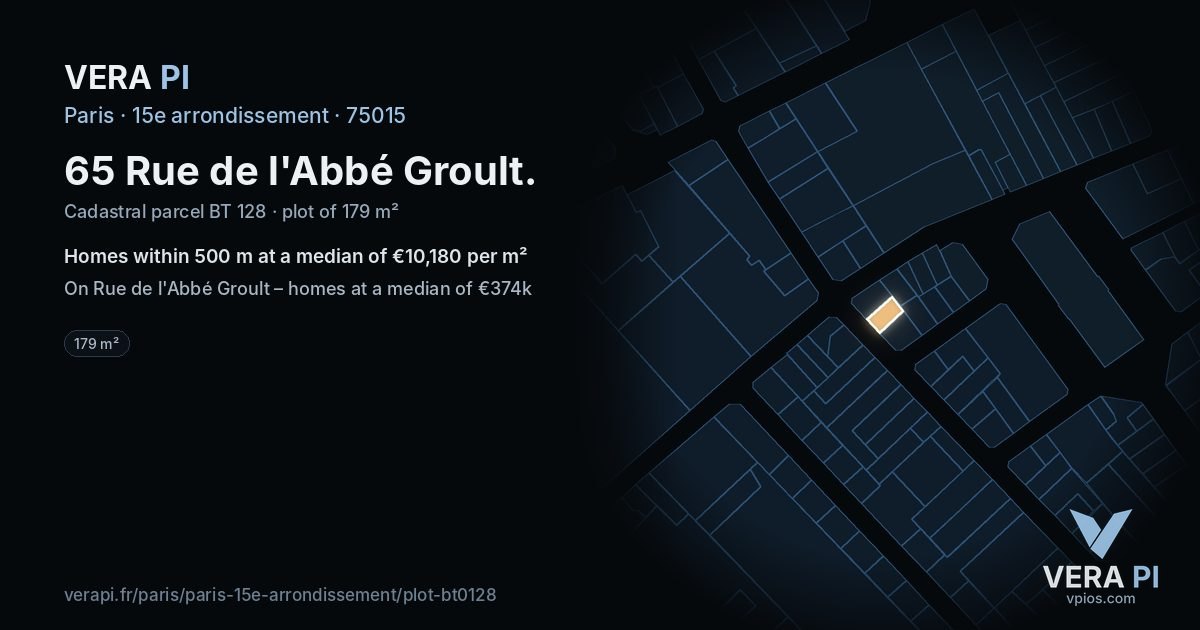 65 Rue de l'Abbé Groult, 15e arrondissement at night – the plot lit, the parcels around coloured by the prices near them