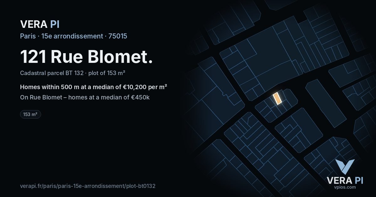 121 Rue Blomet, 15e arrondissement at night – the plot lit, the parcels around coloured by the prices near them