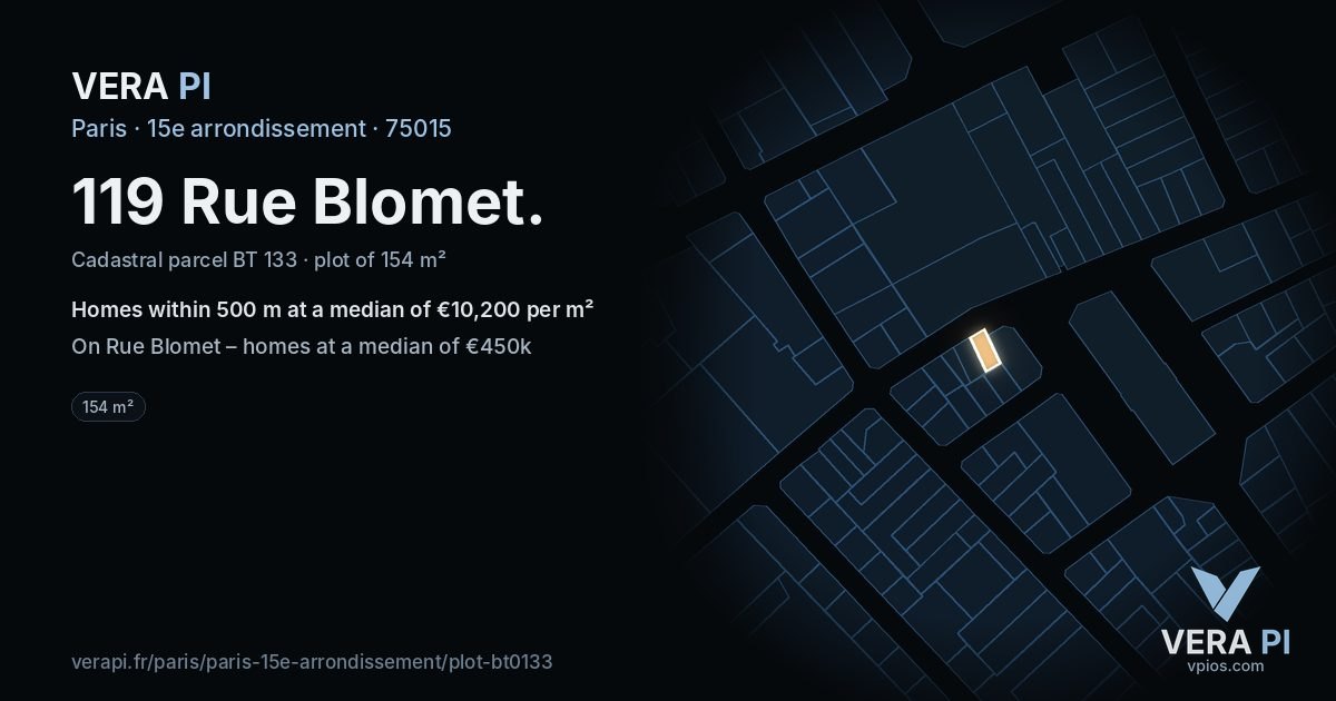 119 Rue Blomet, 15e arrondissement at night – the plot lit, the parcels around coloured by the prices near them
