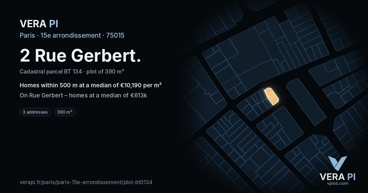 2 Rue Gerbert, 15e arrondissement at night – the plot lit, the parcels around coloured by the prices near them