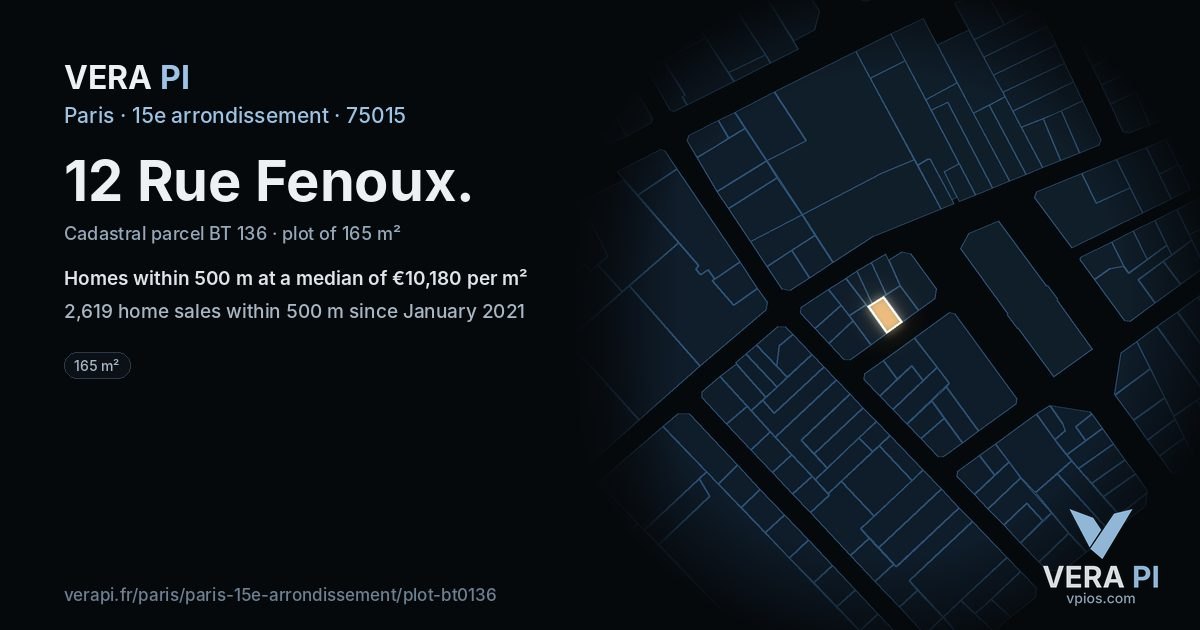 12 Rue Fenoux, 15e arrondissement at night – the plot lit, the parcels around coloured by the prices near them