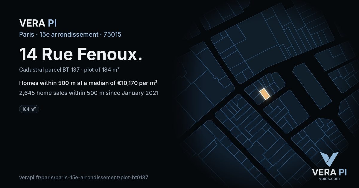 14 Rue Fenoux, 15e arrondissement at night – the plot lit, the parcels around coloured by the prices near them