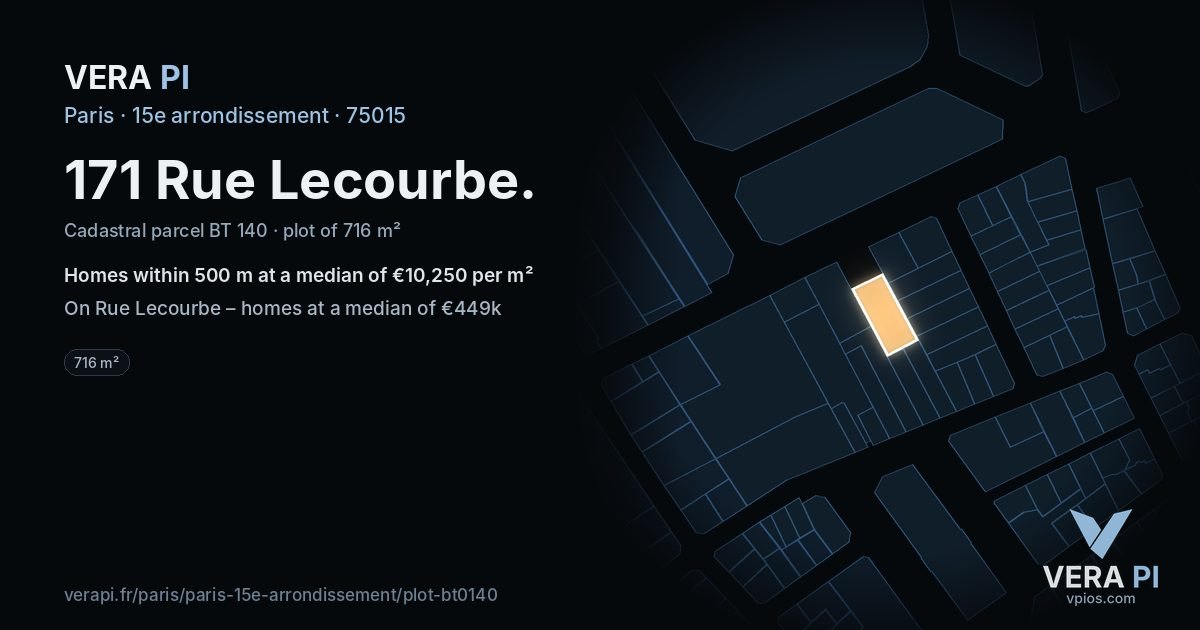 171 Rue Lecourbe, 15e arrondissement at night – the plot lit, the parcels around coloured by the prices near them