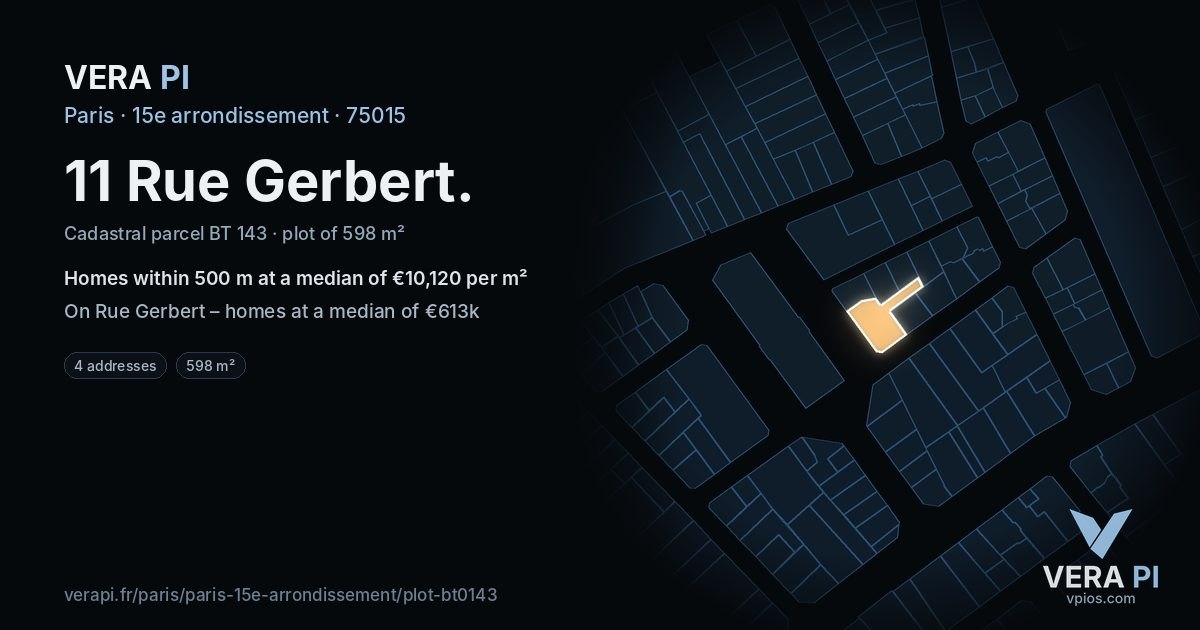 11 Rue Gerbert, 15e arrondissement at night – the plot lit, the parcels around coloured by the prices near them