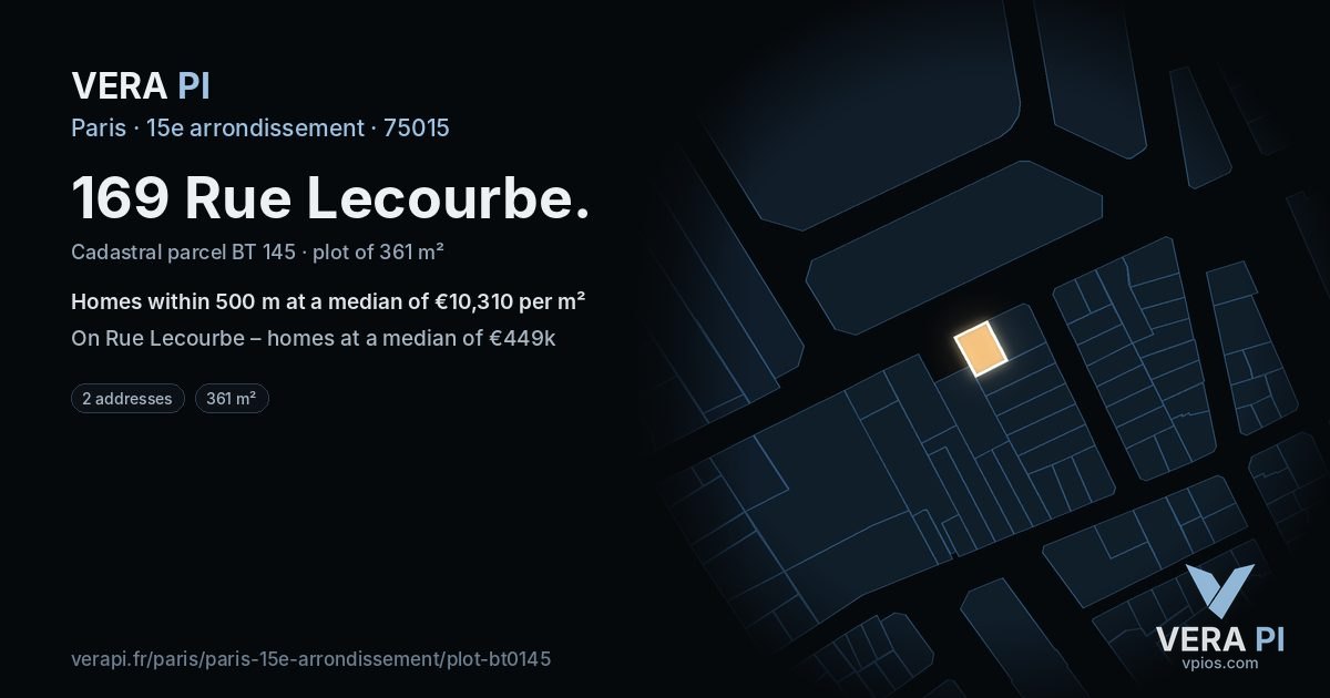 169 Rue Lecourbe, 15e arrondissement at night – the plot lit, the parcels around coloured by the prices near them