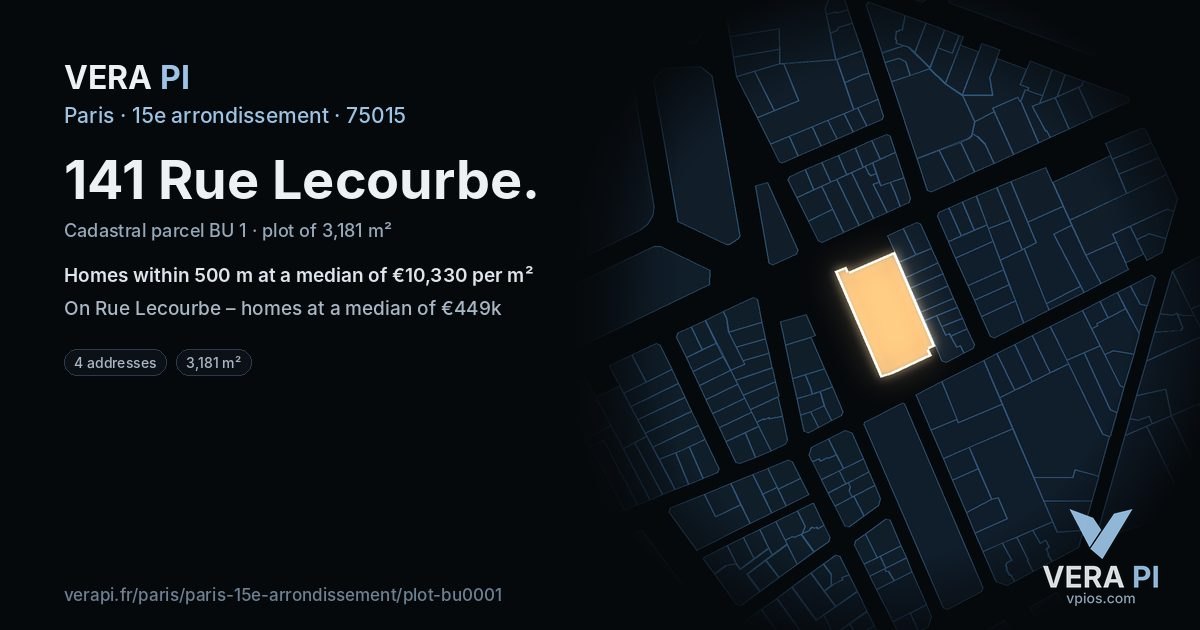 141 Rue Lecourbe, 15e arrondissement at night – the plot lit, the parcels around coloured by the prices near them