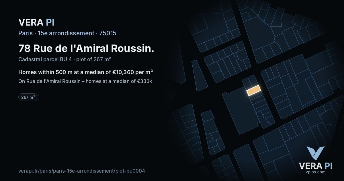 78 Rue de l'Amiral Roussin, 15e arrondissement at night – the plot lit, the parcels around coloured by the prices near them