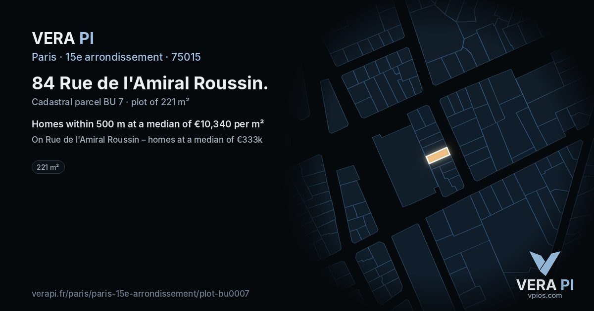 84 Rue de l'Amiral Roussin, 15e arrondissement at night – the plot lit, the parcels around coloured by the prices near them