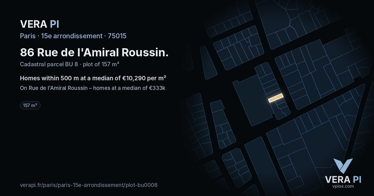86 Rue de l'Amiral Roussin, 15e arrondissement at night – the plot lit, the parcels around coloured by the prices near them