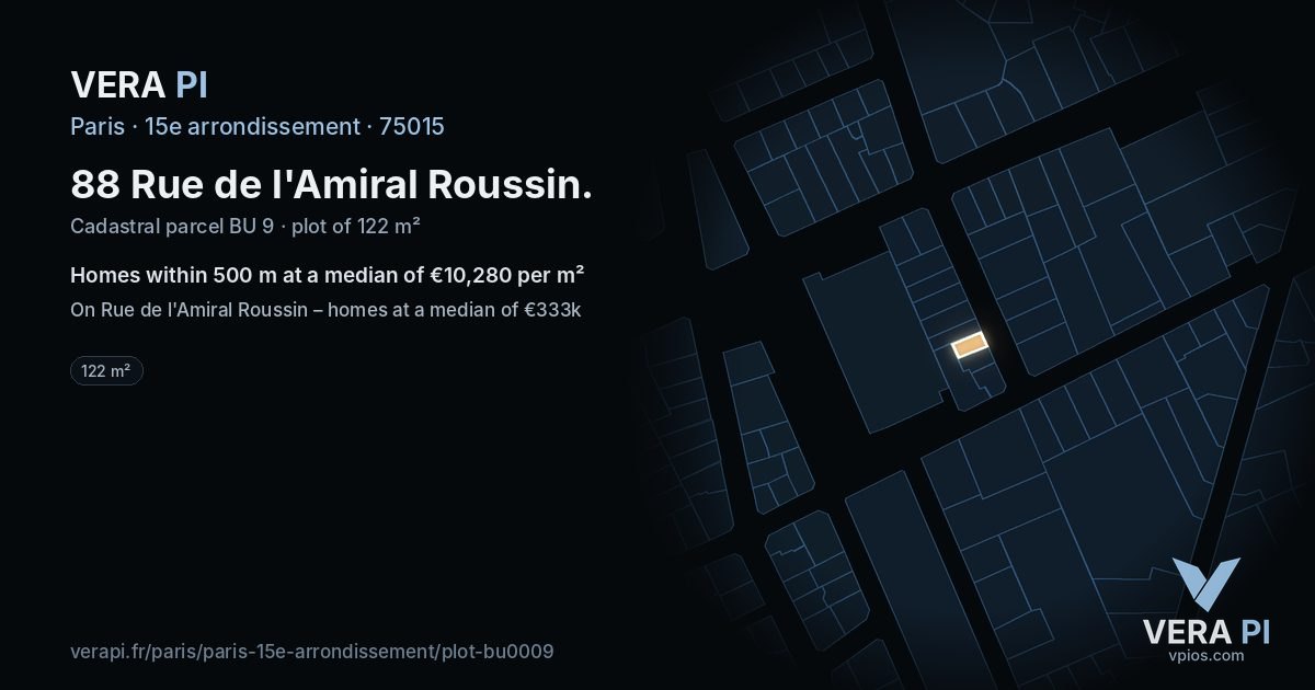 88 Rue de l'Amiral Roussin, 15e arrondissement at night – the plot lit, the parcels around coloured by the prices near them