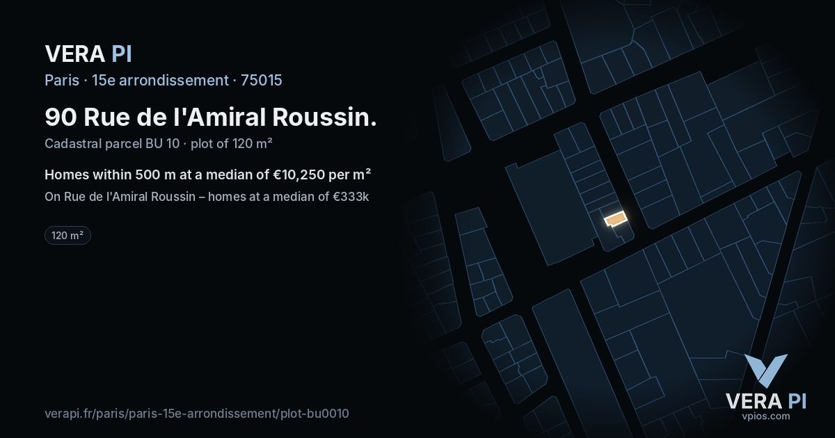 90 Rue de l'Amiral Roussin, 15e arrondissement at night – the plot lit, the parcels around coloured by the prices near them