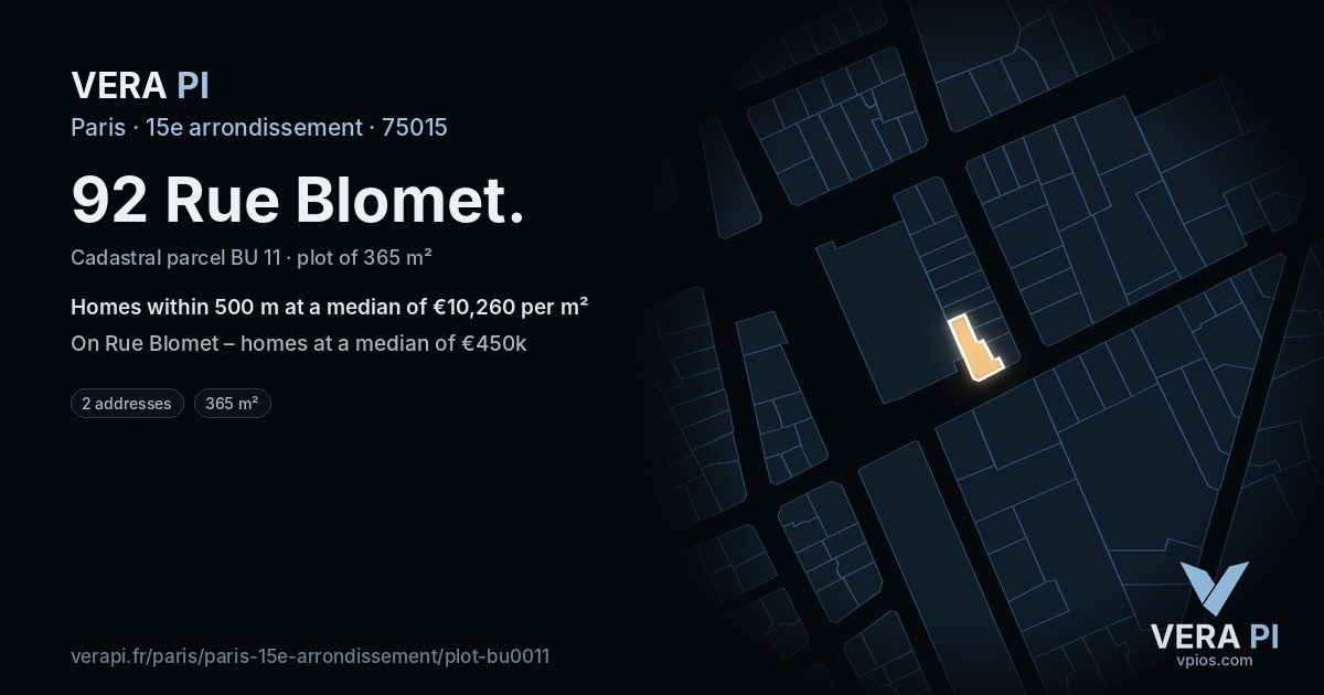 92 Rue Blomet, 15e arrondissement at night – the plot lit, the parcels around coloured by the prices near them