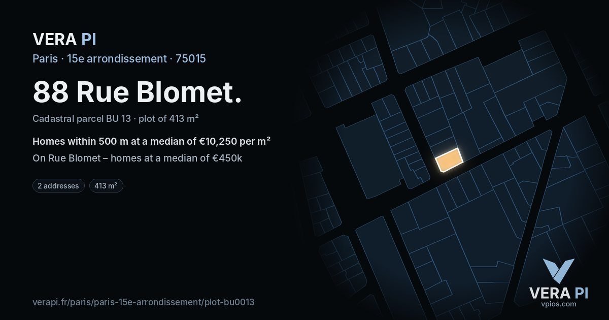 88 Rue Blomet, 15e arrondissement at night – the plot lit, the parcels around coloured by the prices near them