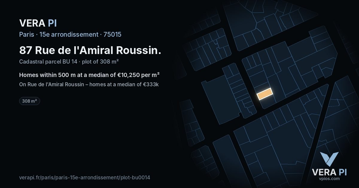 87 Rue de l'Amiral Roussin, 15e arrondissement at night – the plot lit, the parcels around coloured by the prices near them