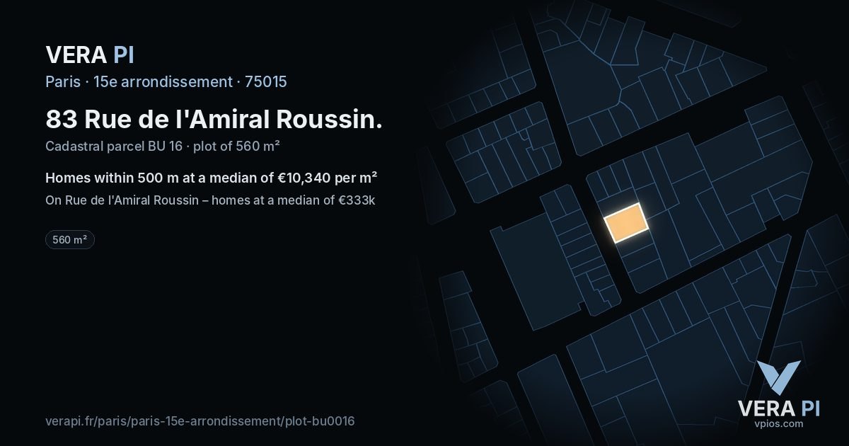83 Rue de l'Amiral Roussin, 15e arrondissement at night – the plot lit, the parcels around coloured by the prices near them