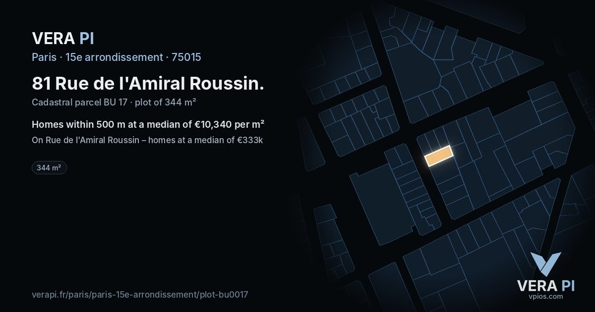 81 Rue de l'Amiral Roussin, 15e arrondissement at night – the plot lit, the parcels around coloured by the prices near them
