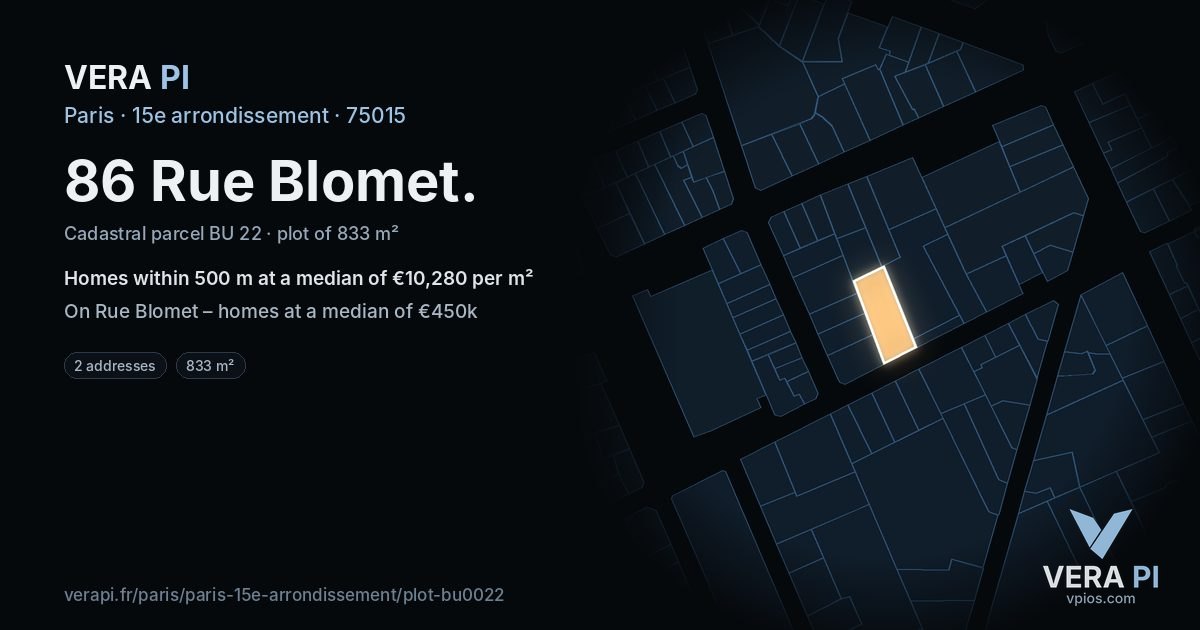 86 Rue Blomet, 15e arrondissement at night – the plot lit, the parcels around coloured by the prices near them