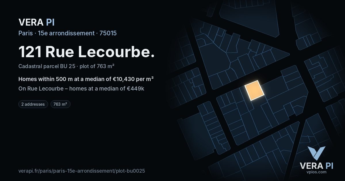 121 Rue Lecourbe, 15e arrondissement at night – the plot lit, the parcels around coloured by the prices near them