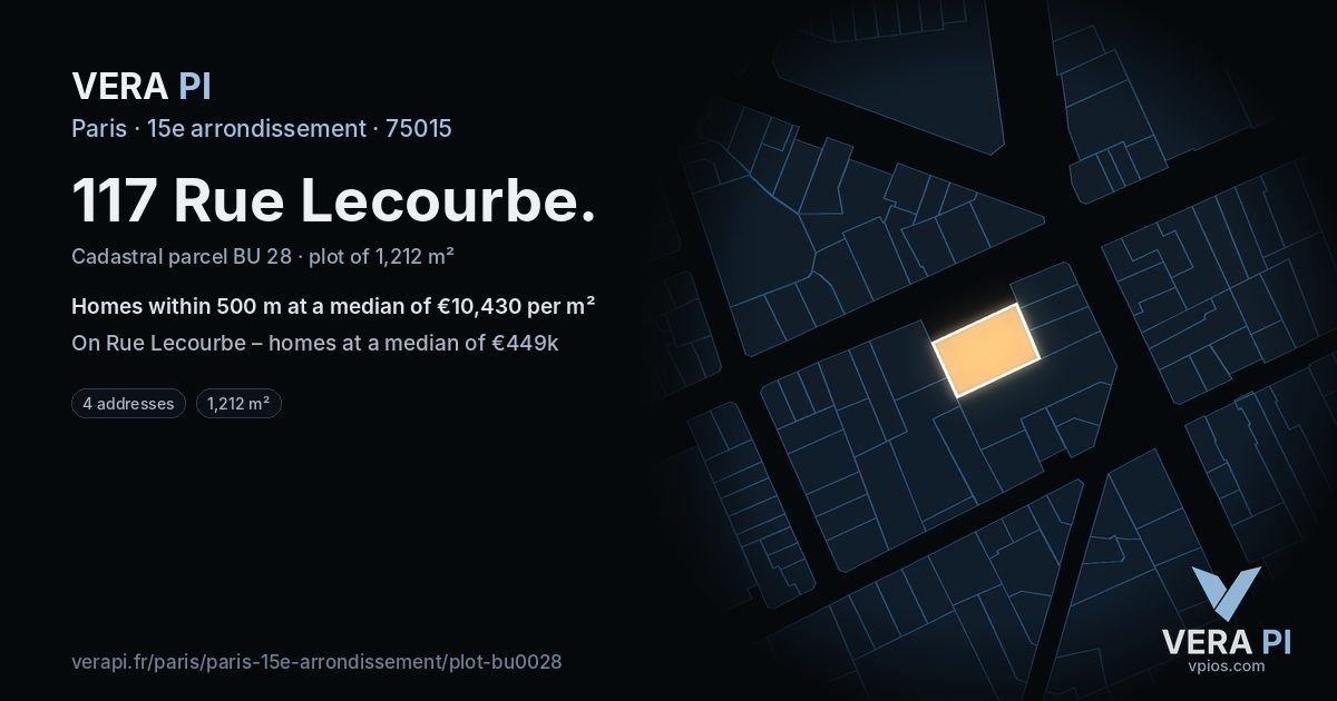 117 Rue Lecourbe, 15e arrondissement at night – the plot lit, the parcels around coloured by the prices near them