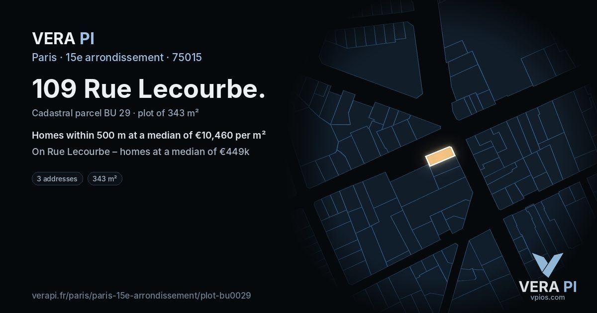 109 Rue Lecourbe, 15e arrondissement at night – the plot lit, the parcels around coloured by the prices near them