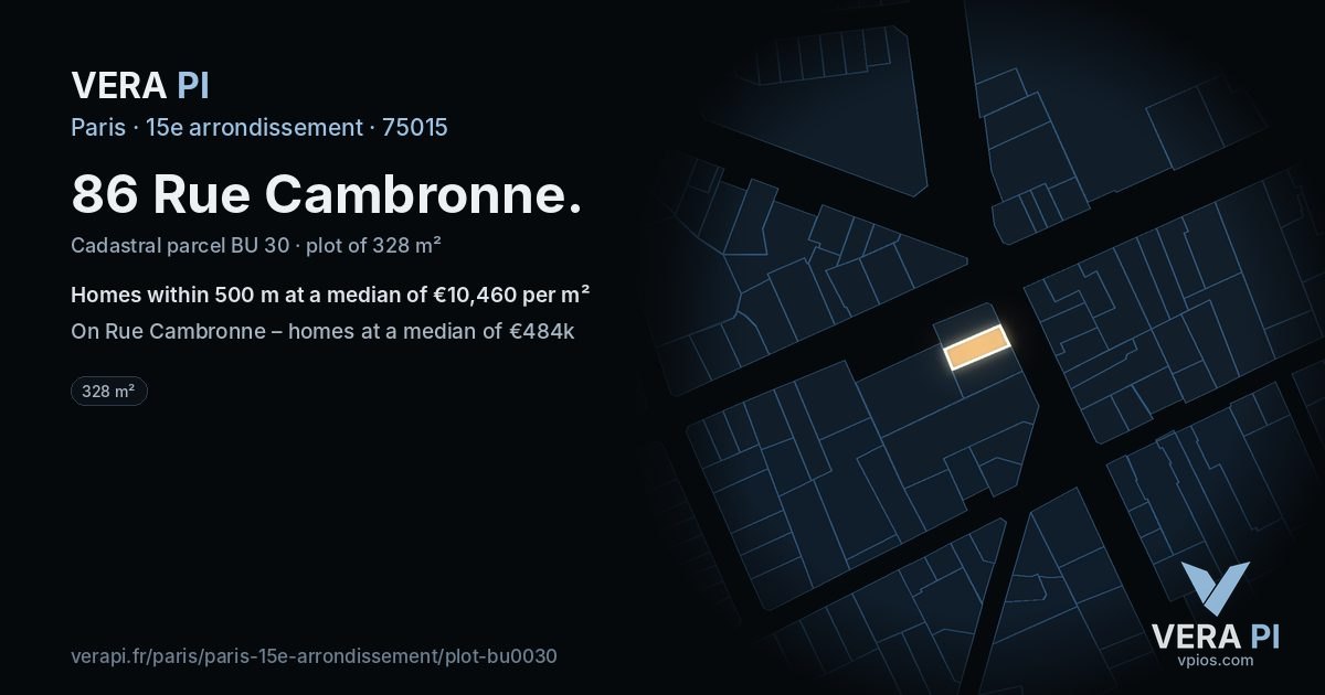 86 Rue Cambronne, 15e arrondissement at night – the plot lit, the parcels around coloured by the prices near them