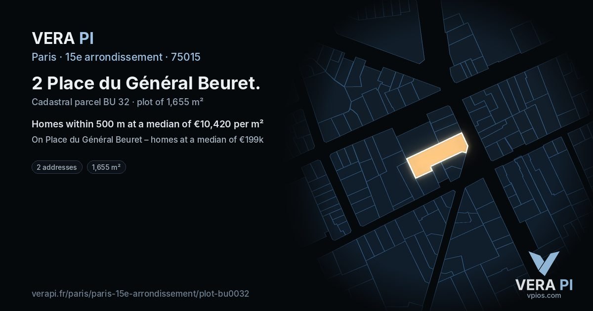 2 Place du Général Beuret, 15e arrondissement at night – the plot lit, the parcels around coloured by the prices near them