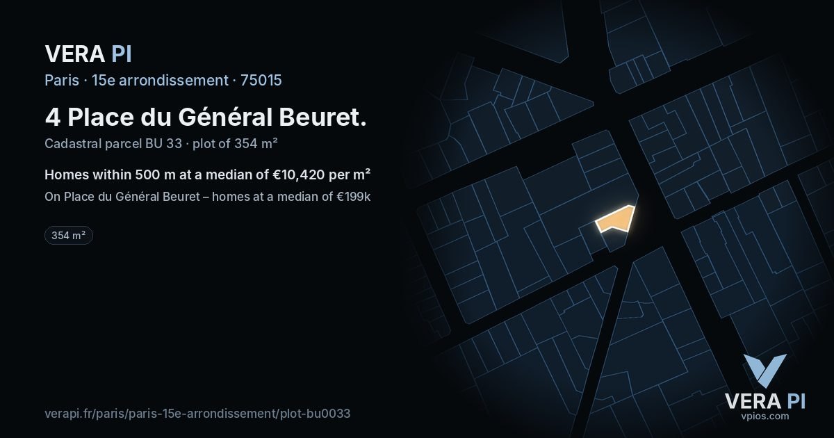 4 Place du Général Beuret, 15e arrondissement at night – the plot lit, the parcels around coloured by the prices near them