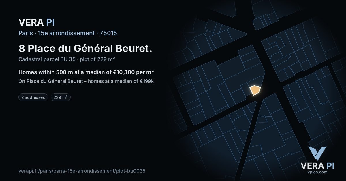 8 Place du Général Beuret, 15e arrondissement at night – the plot lit, the parcels around coloured by the prices near them