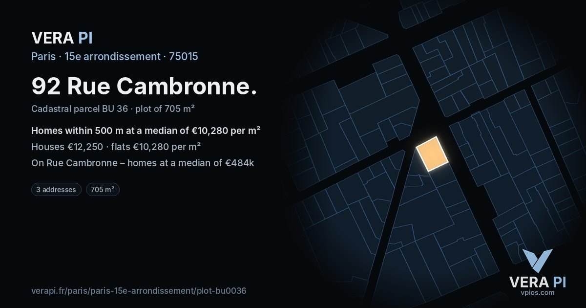92 Rue Cambronne, 15e arrondissement at night – the plot lit, the parcels around coloured by the prices near them