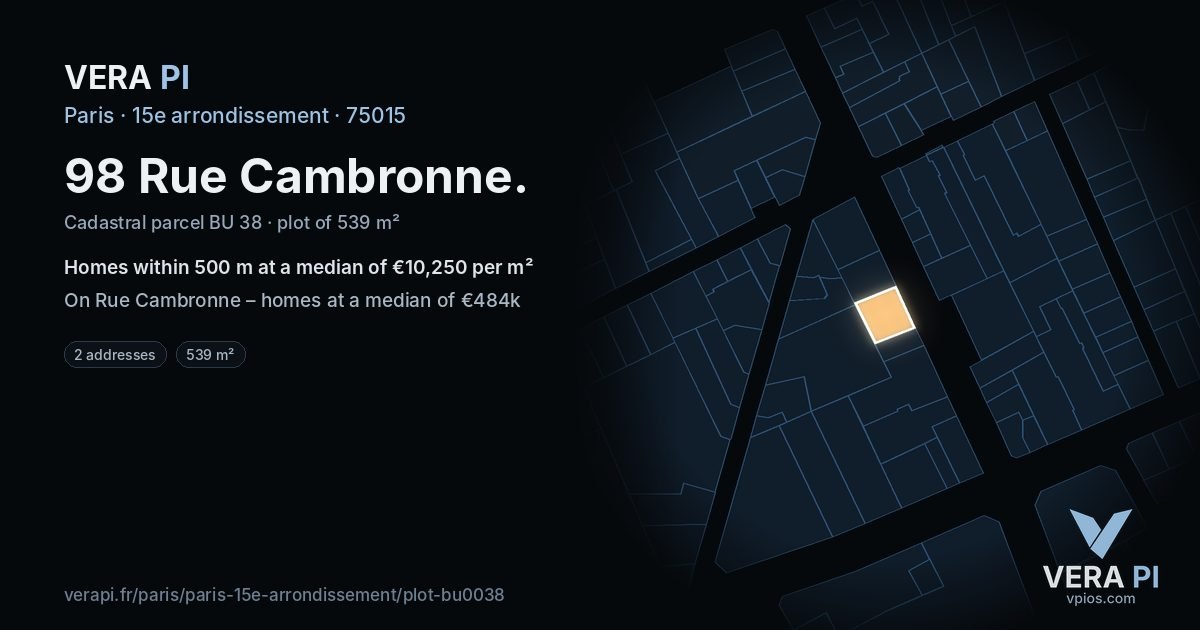 98 Rue Cambronne, 15e arrondissement at night – the plot lit, the parcels around coloured by the prices near them