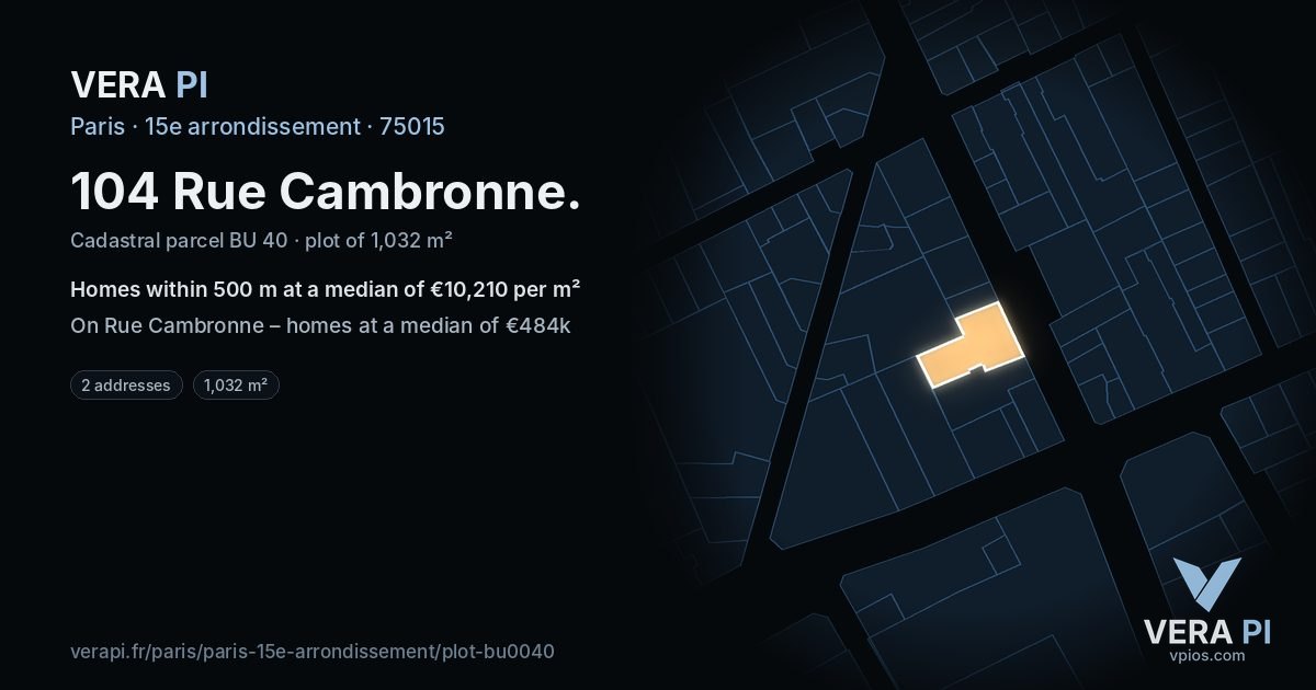 104 Rue Cambronne, 15e arrondissement at night – the plot lit, the parcels around coloured by the prices near them