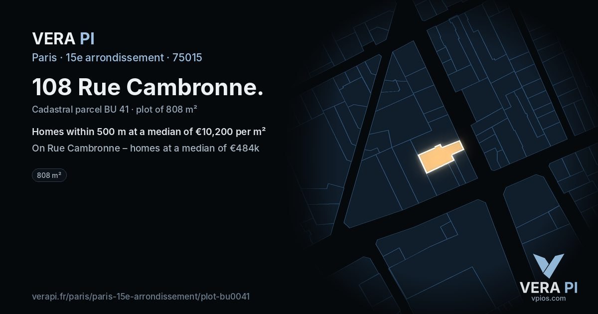 108 Rue Cambronne, 15e arrondissement at night – the plot lit, the parcels around coloured by the prices near them